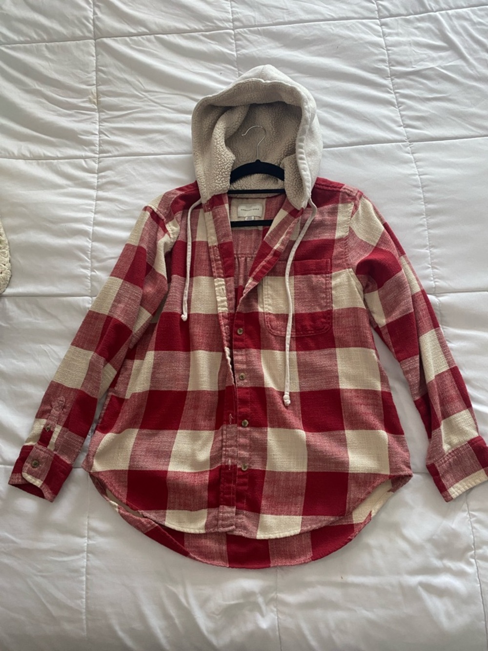 American Eagle Sherpa-Lined Red & Cream Buffalo Plaid Hooded Button-Up Shirt